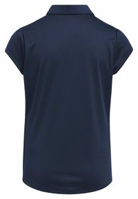 Marineblauwe polo met korte mouwen en een kraag. Gemaakt van een gladde, lichte stof zonder patronen of extra accenten.