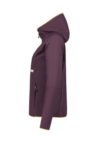 Chaqueta con capucha morada y acentos amarillos, que cuenta con un bolsillo frontal y una forma ajustada. Fabricada con un material ligero y resistente al agua.