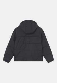 Chaqueta de plumas negra con capucha, que presenta un diseño acolchado, puños elásticos y un dobladillo recto. Textura suave y material ligero.