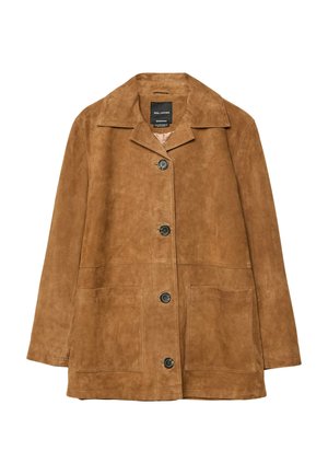 Brown suede leather jacket with four black buttons, wide collar, and two front patch pockets.