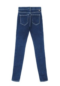 Skinny fit jeans made of dark denim, featuring a mid-rise waist, five pockets, and contrasting stitching along the seams.