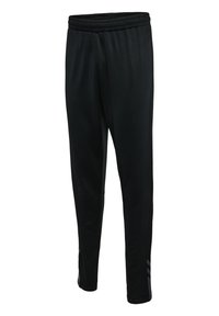 Schwarze Sporthosen aus atmungsaktivem Mesh-Gewebe, mit einem flachen Bund und seitlichen Streifen. Eng zulaufendes Bein-Design mit glatter Textur.
