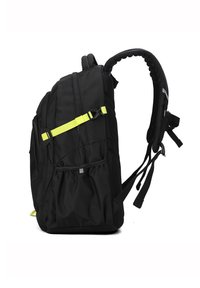 Zaino nero con finitura strutturata, spallacci regolabili, una cinghia di accento gialla, molteplici tasche e schienale imbottito per il massimo comfort.