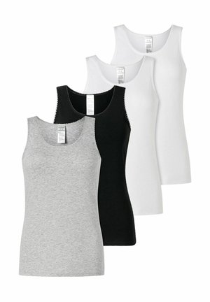 Four sleeveless tank tops in gray, black, and two white, arranged in a staggered row with visible tags.