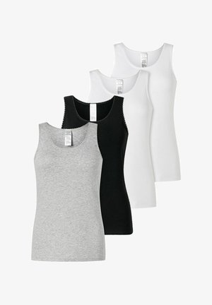 Vier ärmellose Tanktops in Grau, Schwarz und zwei Weißen, in versetzter Reihe mit sichtbaren Etiketten angeordnet.