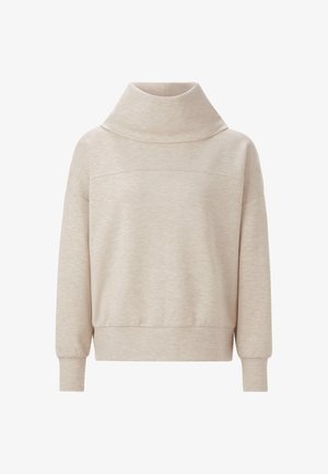 Light beige, long-sleeve sweatshirt with a high, folded collar. Soft, textured fabric features a wide cut and ribbed cuffs.