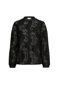 Blouse noire en dentelle à manches longues avec motifs floraux, boutonnage devant et col rond sur fond blanc.