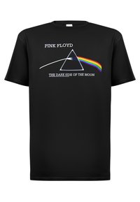 Svart bomull T-skjorte med et grafisk design som inkluderer et prisme og regnbue, tekstene "PINK FLOYD" og "THE DARK SIDE OF THE MOON" i hvit.