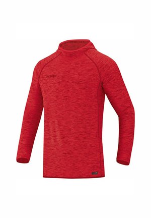 Rotes langärmeliges Sportshirt mit strukturiertem Muster, ausgestattet mit hohem Kragen und Raglanärmeln. Markenzeichen auf der Vorderseite angebracht.