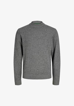Grå strikket sweater med ribbet rund hals og manchetter. Teksturen er glat, og pasformen er afslappet, hvilket gør den velegnet til afslappet brug.