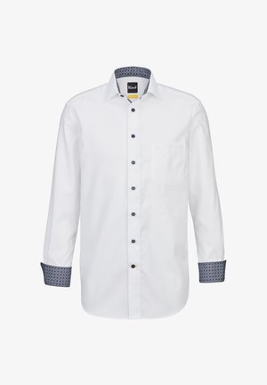 Camicia bianca a maniche lunghe con colletto interno e polsini in blu navy a fantasia, con bottoni scuri e taschino sul lato sinistro.