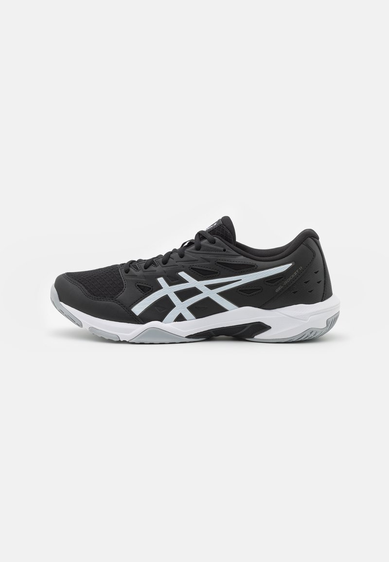 Black athletic shoe with mesh upper, light blue accent stripes, cushioned sole, and rubber tread design for traction. Side view presented.