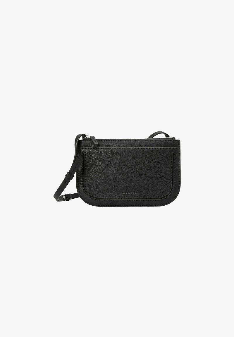 Black leather crossbody bag with a textured finish, zip closure, adjustable strap, and a minimalist design featuring a subtle logo.