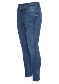 Sötétkék farmer skinny nadrág enyhe kopással, közepes derékmagassággal, öt zsebes kialakítással és cipzáras bokarész részlettel.