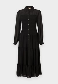 Čierne dlhé šaty s dlhými rukávmi, majú nariasený živôtik, zapínanie na gombíky vpredu, sukňu v štýle vrstiev a golier. Vyrobené z ľahkej látky.