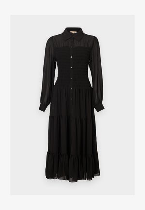 Fekete, hosszú ujjú ruha, ráncolt felsőrésszel, gombos elülső záródással, réteges szoknyával és gallérral. Könnyű anyagból készült.