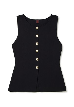 Top senza maniche nero realizzato in tessuto con una texture liscia, caratterizzato da una fila di sei bottoni dorati sulla parte anteriore e un collo arrotondato.