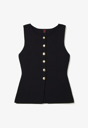 Black sleeveless top made of fabric with a smooth texture, featuring a row of six gold buttons down the front and a rounded neckline.