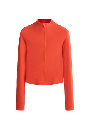 Žiarivo oranžová bunda s dlhými rukávmi, predným zipsom a vysokým golierom, s jednoduchými švovými detailmi na prednej časti a rukávoch.