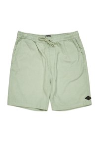 Lichtgroene shorts van textiel. Voorzien van een elastische tailleband met een trekkoord en een klein zwart logo-opdruk aan de zijkant.