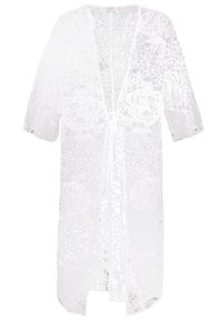 Kimono in pizzo realizzato in tessuto bianco con motivi floreali, apertura frontale, maniche larghe e chiusura con laccio. La texture trasparente conferisce leggerezza.