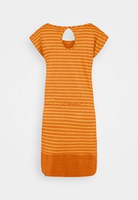 Oranssi raidallinen mekko, jossa on lyhyet hihat, avokartio selässä ja kiinteä helma. Kangas vaikuttaa pehmeältä ja mukavalta päällä.