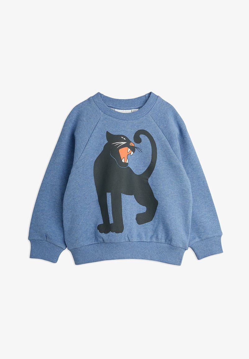Zila sporta krekla ar melna puma grafiku ar atvērtām mutēm. Ribu piedurknes un apakšmalu, izgatavota no mīkstas auduma. Raglāna piedurknes.