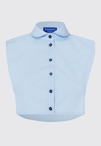 Light blue short-sleeve blouse with a structured collar, six black buttons down the front, and a cropped hemline.
