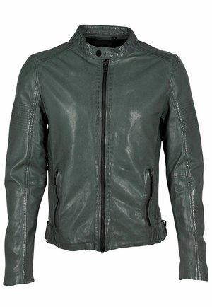 Grüne Lederjacke mit Reißverschluss vorne, Stehkragen und gerippten Akzenten an den Schultern. Verfügt über zwei seitliche Reißverschlusstaschen. Glatte Textur.