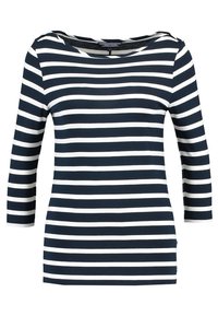 Granatowo-biała, długorękawowa bluzka w paski z dekoltem w łódkę. Wygodny, miękki materiał o prostym kroju z detalami na szwach bocznych.