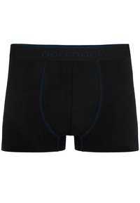 Schwarze Baumwoll-Boxershorts mit blauen Kontrastnähten und -bund. Verfügt über ein nahtloses Design und eine körpernahe Passform für Komfort.