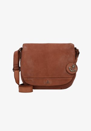 Braune Leder-Crossbody-Tasche mit Klappverschluss, verstellbarem Riemen und metallischem Ankeranhänger. Glatte Textur, minimale Nähte.
