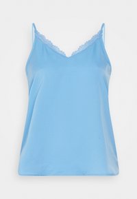 Top de camisola azul claro com detalhes em renda ao longo da decote em V e alças finas ajustáveis. Feito de um tecido suave e liso.