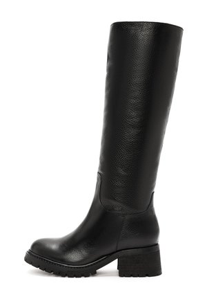 Knee-high black leather boot with a textured finish, rounded toe, and chunky treaded sole. Features a sturdy block heel for support.