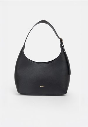 Black leather shoulder bag with curved top handle, gold "RAID" logo on front, and side buckle detail on a white background.