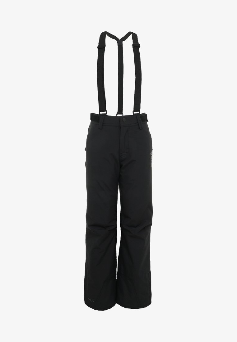 Pantalon de neige isolé noir avec bretelles ajustables, passants pour ceinture et fermeture frontale par bouton et fermeture éclair.