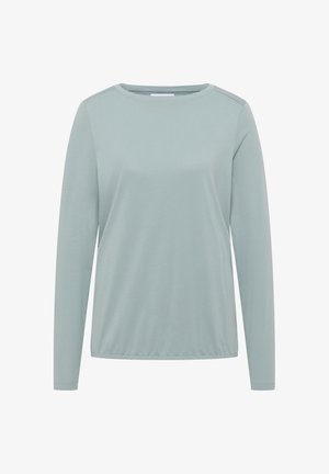 Langärmliges Hemd in Hellgrün, aus weichem Stoff, mit rundem Hals, glatter Textur und minimalen Nähten an den Schultern.