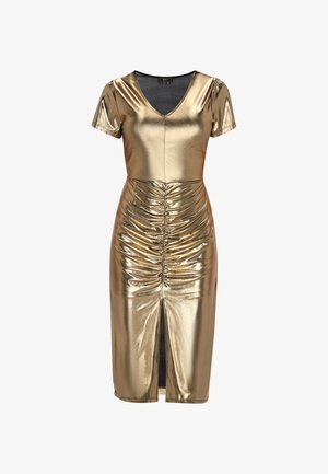Kultainen metallinen mekko lyhyillä hihoilla, V-mallisella kaula-aukolla, keskellä rypytystä ja etuosassa halkio lisämielenkiintoa varten.