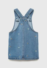 Leren overall jurk in lichtblauw met geborduurde bladmotieven in groen en bruin, met verstelbare bandjes en een gebogen halslijn.