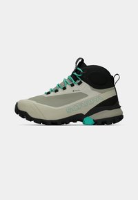 GORE-TEX matkajalatsid hallis ja mustas värvitoonis, türkiissiniste paeltega. Omab kõrget pahkluu disaini, tugevat talla kummimist, et tagada haardumine, ning külgedel on "SCARPA" brändimine.