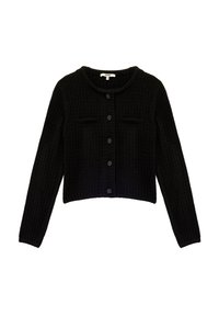 Schwarze kurze Strickjacke aus strukturierter Rippstrickware mit rundem Hals, durchgehender Knopfleiste und zwei aufgesetzten Taschen. Mit schwarzen Knöpfen ausgestattet.