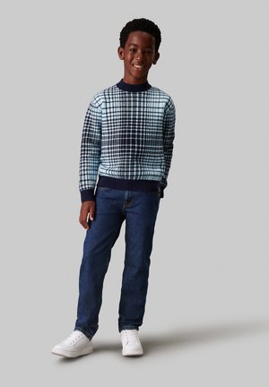Maglione a maglia a quadri blu e navy con collo rotondo, abbinato a jeans di denim scuri e sneakers bianche. Design semplice e casual.