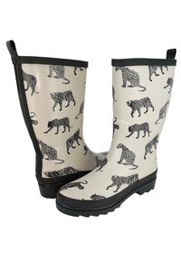 Bottes de pluie en caoutchouc imperméables noires et beiges avec une semelle texturée. Présente un motif imprimé tigre et léopard. Bord noir en haut.