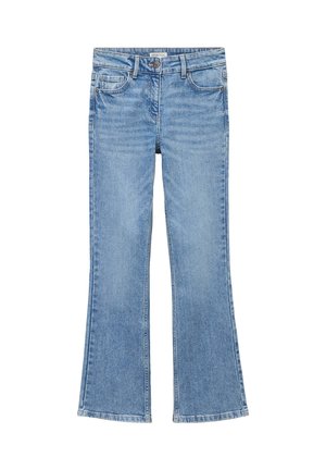 Lichtblauwe spijkerbroek met een lichte uitlopende pijp, knoop- en ritssluiting aan de voorkant, voor- en achterzakken en riemlussen.