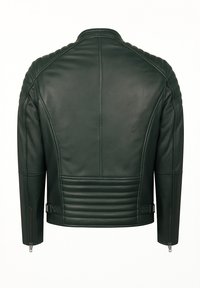 Mustan nahkaisen moottoripyöräjacketin takapuoli, jossa on kirjailtuja olka- ja alareunapaneeleita, vetoketjulliset hihansuuhteet ja säädettävät sivuainnukkeet.