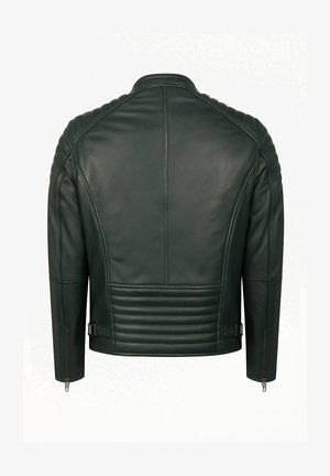 Zwarte leren motorjas met doorgestikte schouder- en onderrugpanelen, ritsmanchetten en verstelbare zijbanden, bekeken vanaf de achterkant.