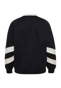 Black long-sleeve sweatshirt with white collar and two wide white stripes on each sleeve, shown from the back.
