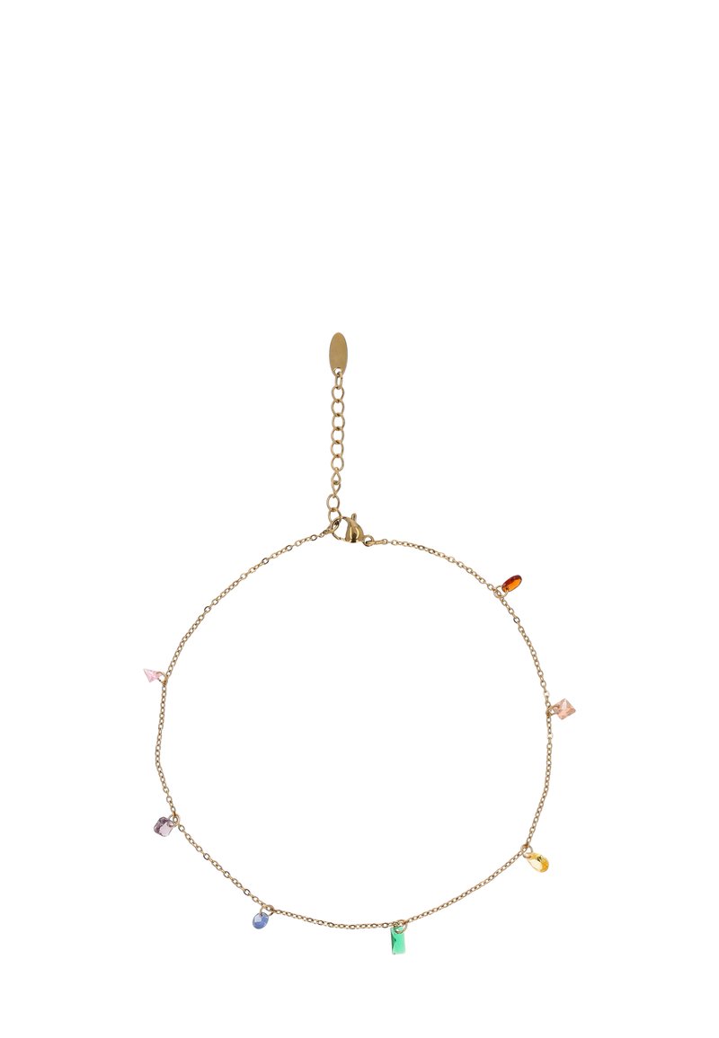 Aranylánc bokalánc vegyes színű drágakő charmokkal; csattal és állítható hosszal rendelkezik lánc hosszabbító segítségével.