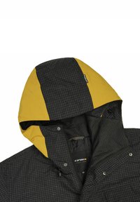 Czarna i żółta kurtka z kapturem z wzorem w kratkę oraz zamek błyskawiczny, z teksturowaną podszewką i zatrzaskami z przodu.