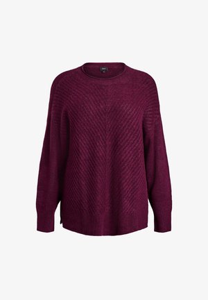 Maglione in maglia bordeaux con un motivo diagonale testurizzato; maniche ampie; collo a giro; spacco laterale all'orlo per maggiore libertà di movimento.
